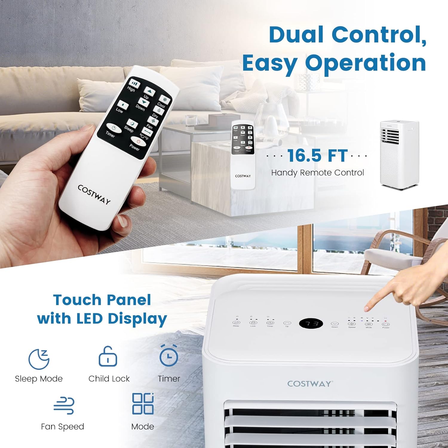COSTWAY Portable Air Conditioner, 10000 BTU AC Unit with Cool, Fan, Dehumidifier & Sleep Mode for Rooms up to 350 Sq.Ft, with 24H Timer, Child Lock, Remote Control & Window Kit (White)
