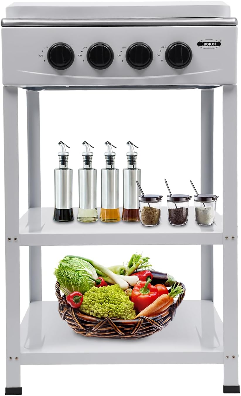 Propane Stove Stand, 4 Burner 300000 BTU Grill Dual Natural Gas Cooker Outdoor Camping BBQ, Stainless Steel 2 Tier Storage Rack Portable For Backyard Cooking, Home Brewing & Canning(White)