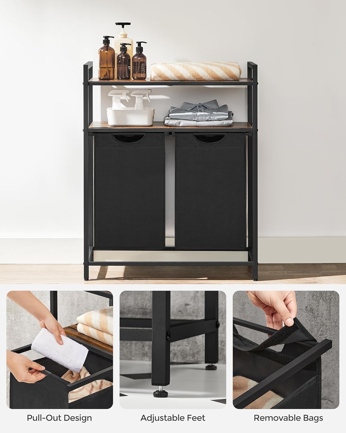 VASAGLE Laundry Hamper, Laundry Basket, Laundry Sorter with 2 Pull-Out and Removable Bags, 2 Shelves, 12.1 Gal (46L) Capacity per Bag, for Laundry Room, Rustic Brown and Black UBLH211B01