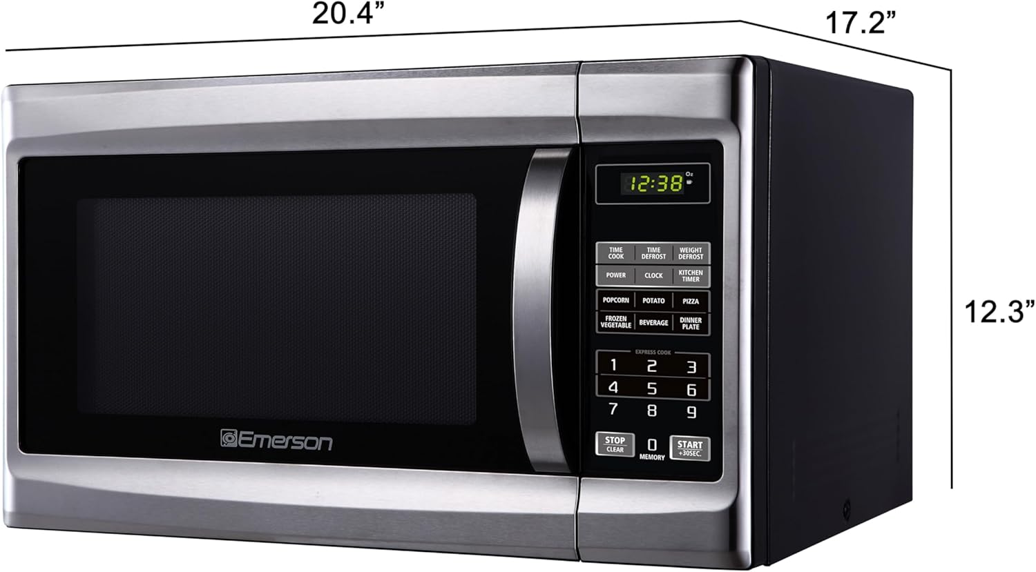 Emerson MW1338SB Countertop Microwave Oven, 6 Pre-Programmed Settings, Removable Glass Turntable, Child Safety Lock, 1.3 Cu ft, 1000W, Stainless Steel