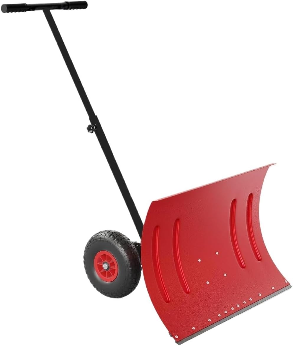 20-inch Wide Adjustable Wheeled Snow Shovel with 5 Angle and Height Handle Settings for Sidewalks and Yards(Red)