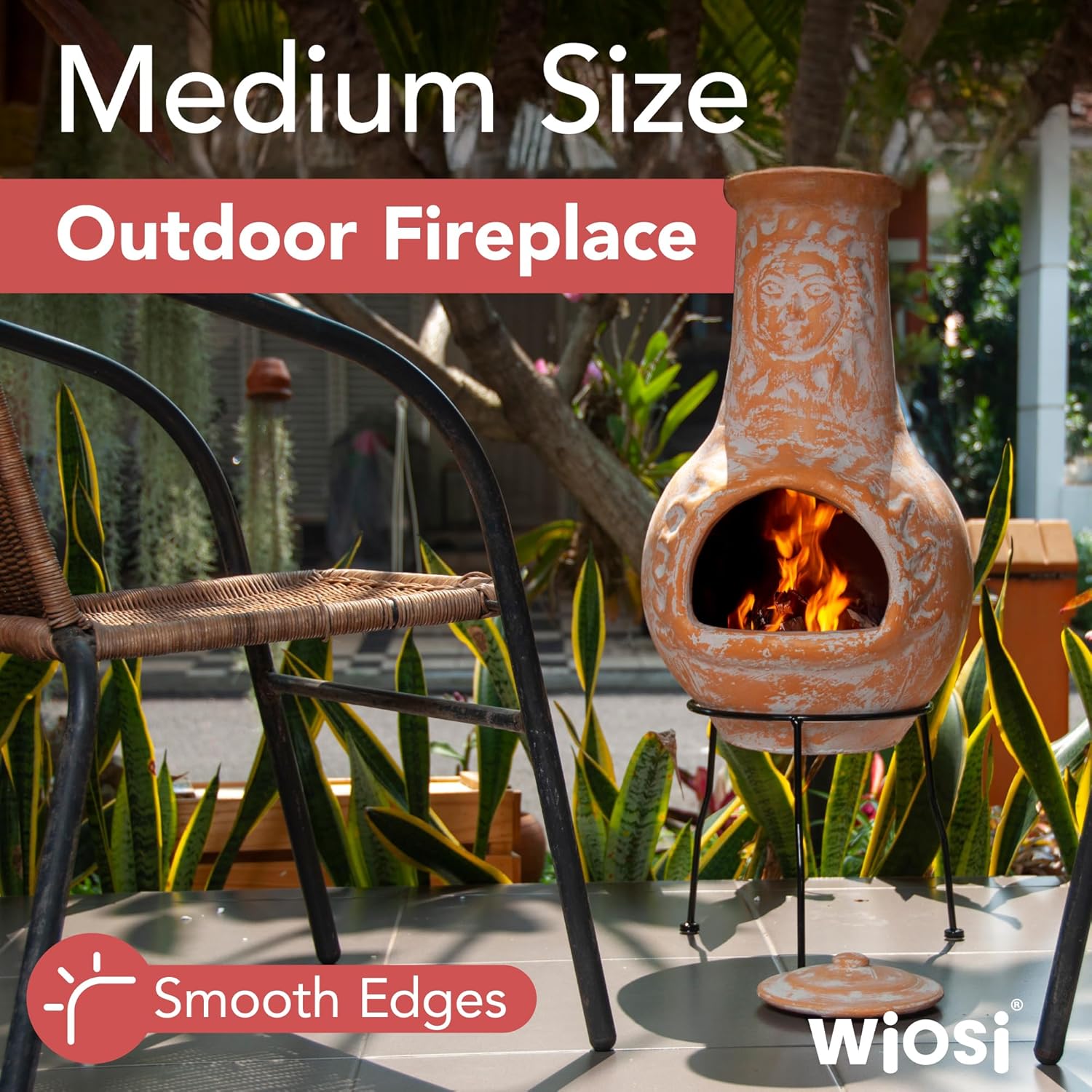 Wiosi Medium 𝗖𝗵𝗶𝗺𝗶𝗻𝗲𝗮 Outdoor Fireplace for Patio Clay Chimineas with Chimney Rain Lids and Solid Metal Stands - Yellow Terracotta Chimenea - Rustic Wooden Fire Pit Chimnea 16 x 16 x 32-inch