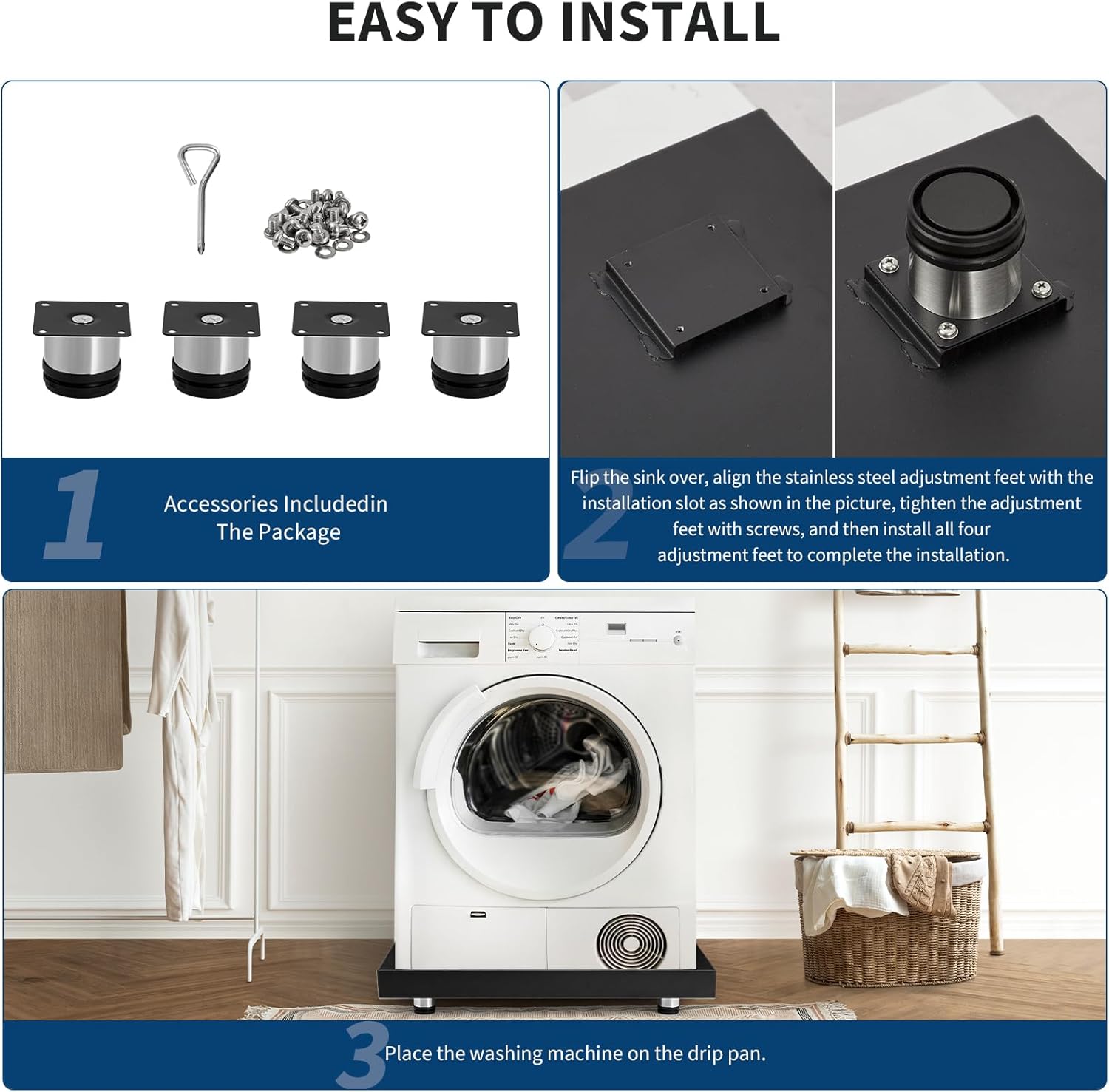 28x30 Inch Washing Machine Pan, Heavy-Duty Carbon Steel Rust-Proof Leak Protection Tray with 4 Anti-Vibration Feet, Floor Damage Prevention, Washer Drip Tray (without Drain Hole)