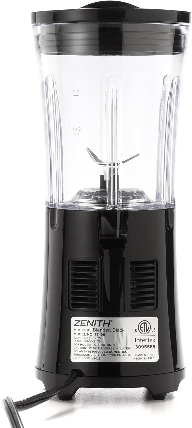 Zenith Portable Blender for Shakes and Smoothies with 14 Oz BPA Free Travel Cup and Lid, Durable Stainless Steel Blades for Powerful Blending Performance, Black (77406)