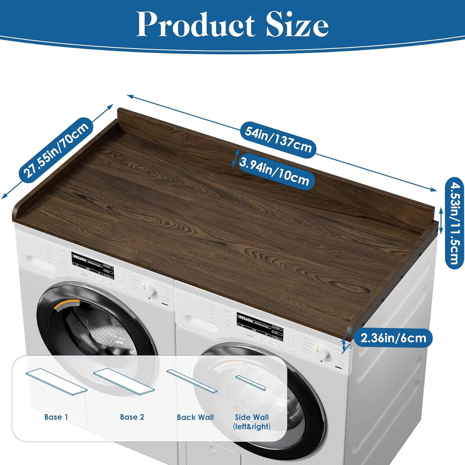 Washer Dryer Countertop, Laundry Countertop Over Wooden Washer and Dryer for The Top with Non-Slip Pads, Laundry Hamper Counter Storage Organization 54