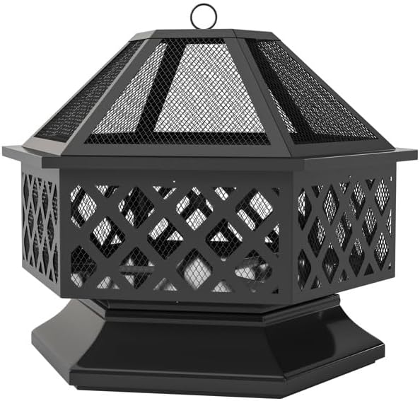Outdoor Fire Pit 2-in-1 BBQ Grill Fire Pit with Spark Screen Lid, Fire Poker, Grill Grate, Hexagon Steel Wood Burning for Patio, Backyard, Camping