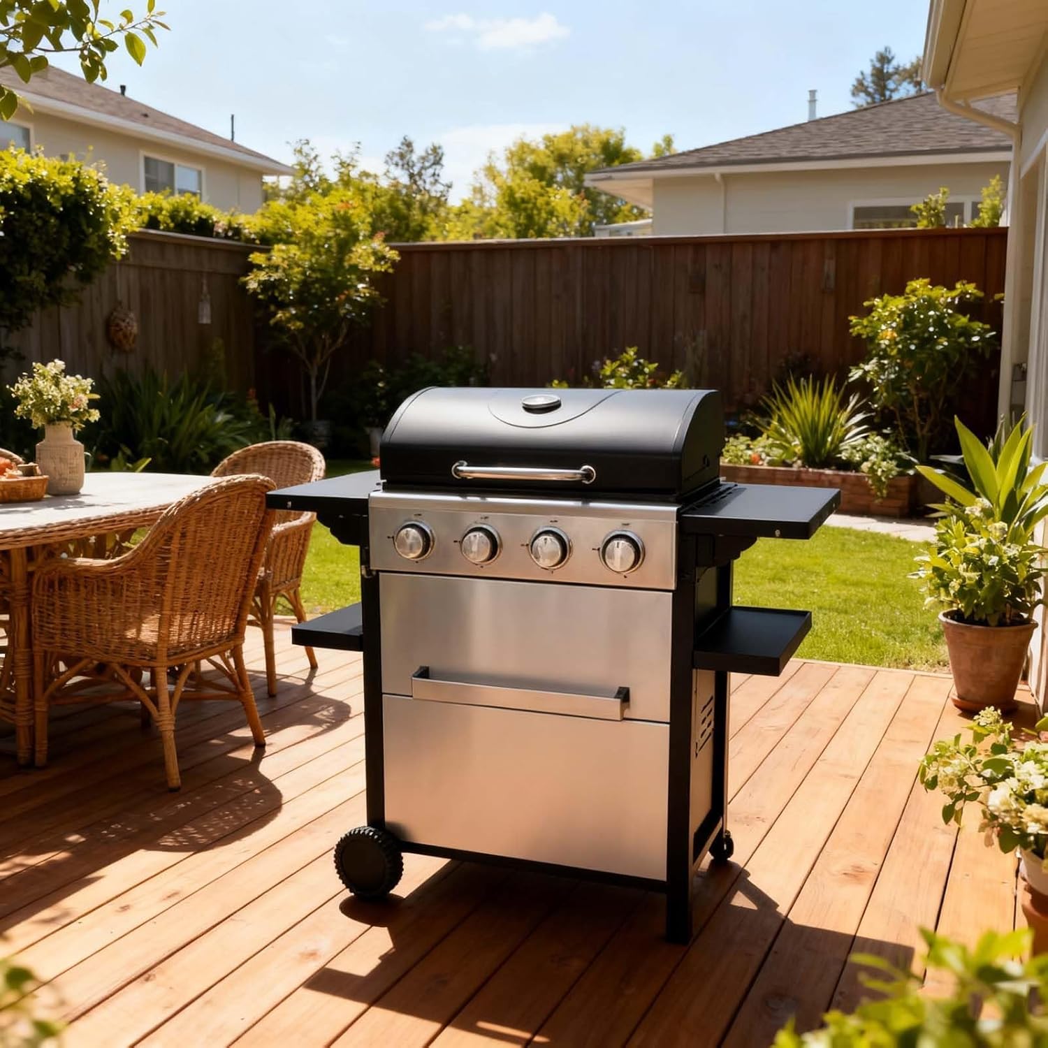 Grill Propane, 4-Burner 34200BTU Gas BBQ Grills - Enameled Grids & Foldable Side Table, Stainless Steel Outdoor Cooking With Hanging Basket