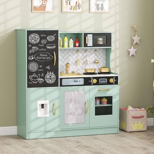 Costzon Kids Kitchen Playset, Large Wooden Chef Cooking Toy Set w/Real Sounds & Lights, Microwave, Blackboard, Oven, Ice Maker, Dishwasher, Play Phone, Utensils, Play Kitchen for Kids Ages 3+ (Green)