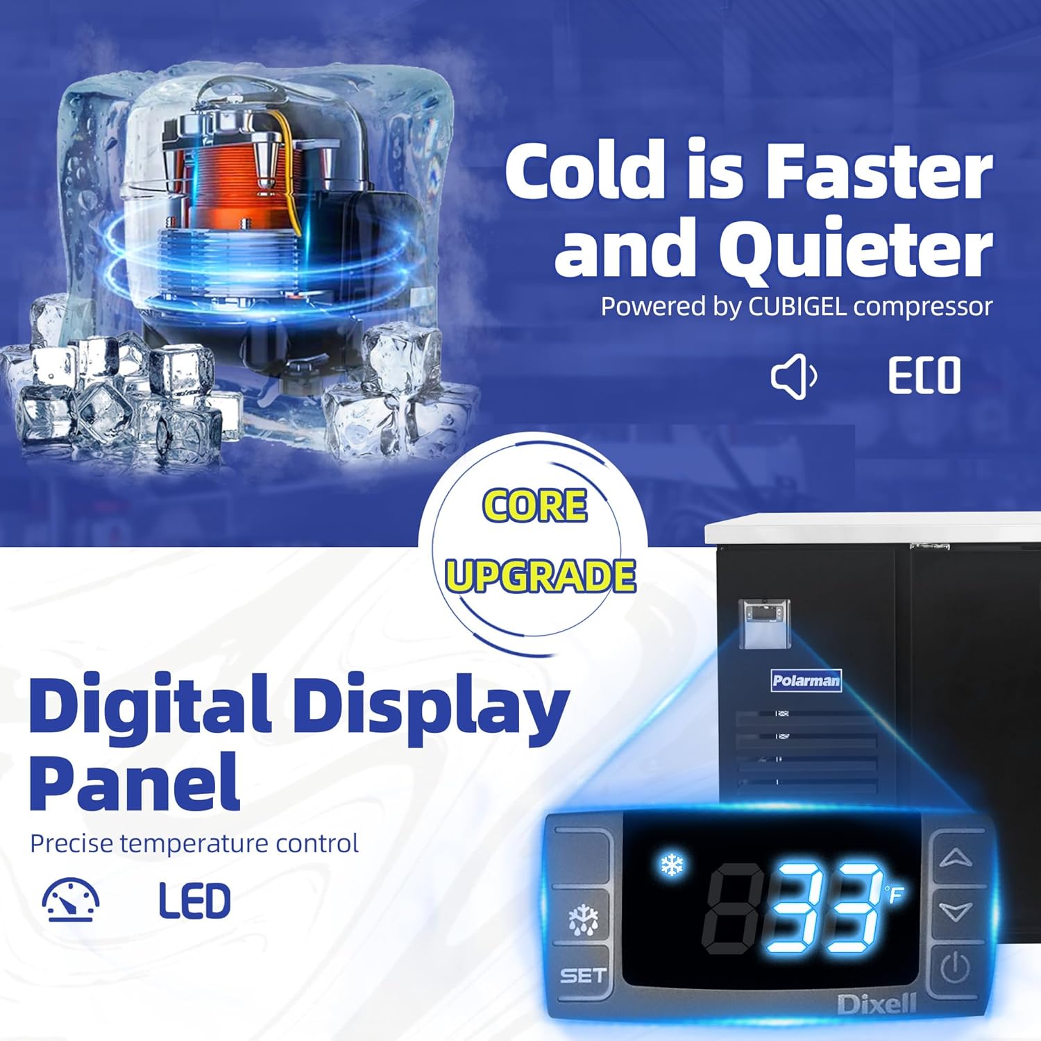 Polarman Back Bar Cooler Solid Door Beer refrigerator NSF/ETL Certified Undercounter Beverage Fridge 20.4 Cu-ft Capacity| 33°F-41°F Digital Control | Stainle ss Steel Interior & Heavy-Duty Casters