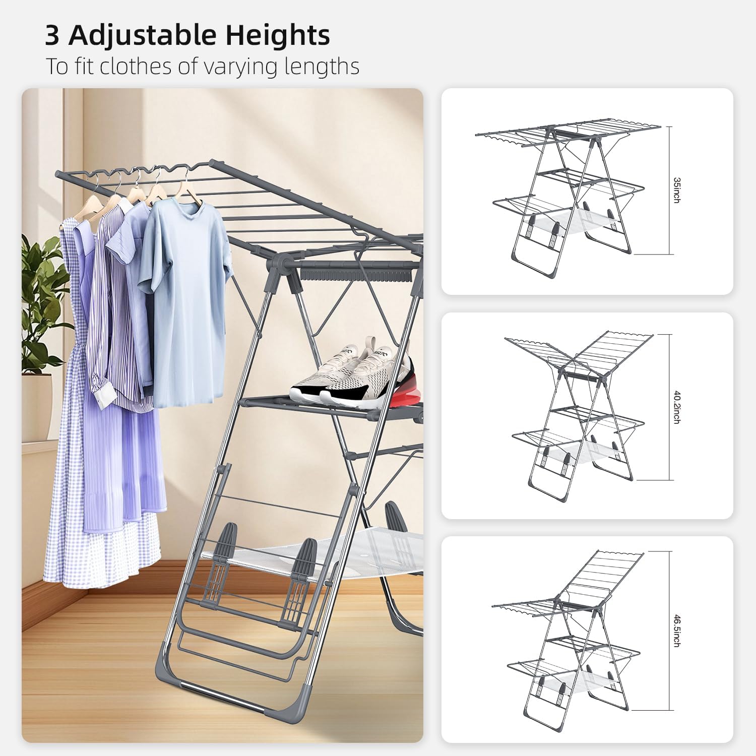 Clothes Drying Rack, Foldable 2-Level Laundry Drying Rack for Clothes,Stainless Steel Drying Rack Clothing Collapsible for Indoor Outdoor,with Height-Adjustable Wings