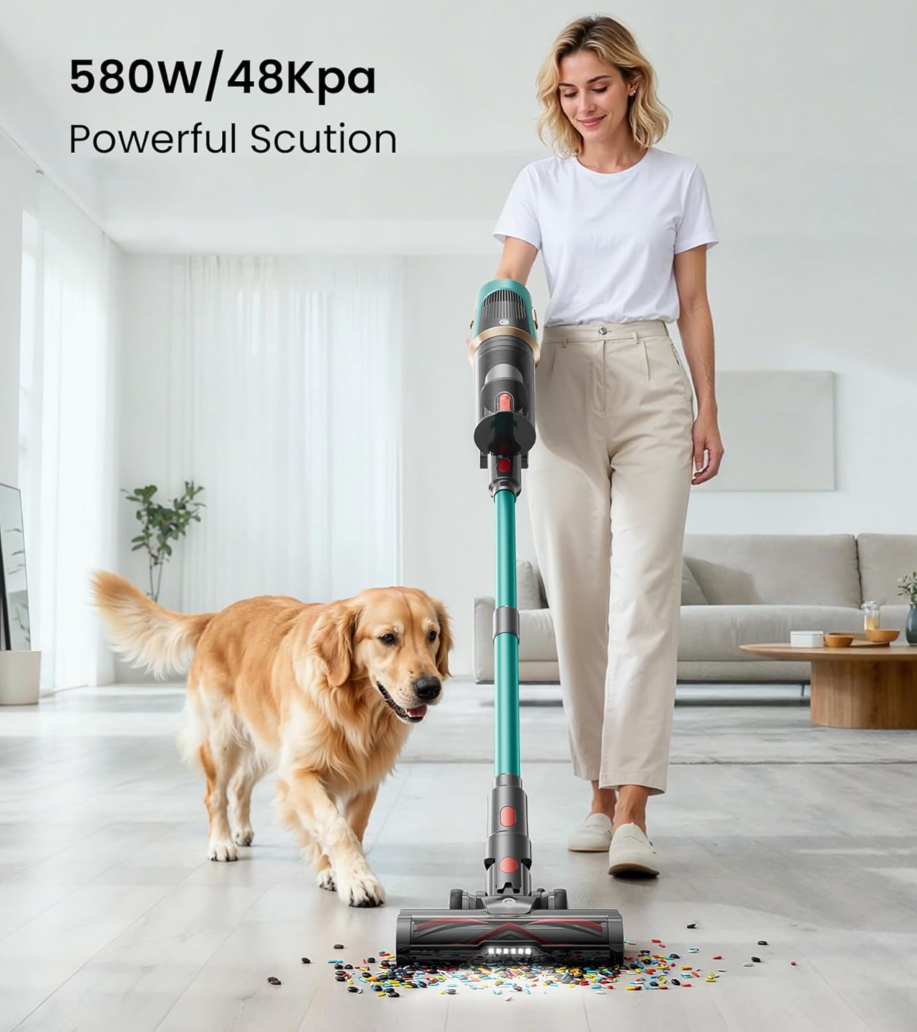 Cordless Vacuum Cleaner, Upgraded 580W 48KPA 65Mins Vacuum Cleaners for Home, Cordless Stick Vacuum Cleaner with Self-Standing and LED Screen, Anti-Tangle Wireless Vacuum for Pet Hair/Carpets/Floors