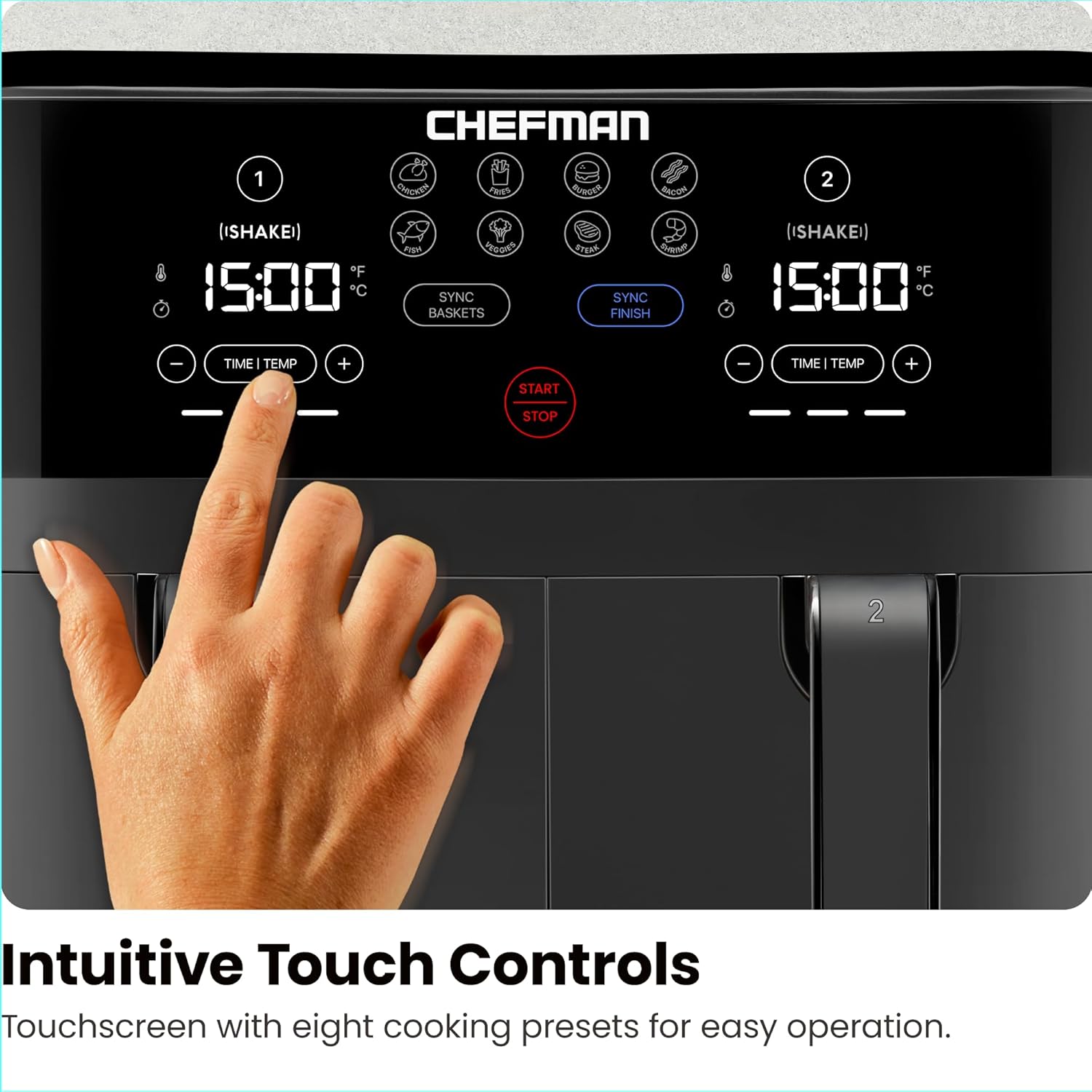 Chefman TurboFry Touch Dual Air Fryer, Maximize The Healthiest Meals With Double Basket Capacity, One-Touch Digital Controls And Shake Reminder For The Perfect Crispy And Low-Calorie Finish