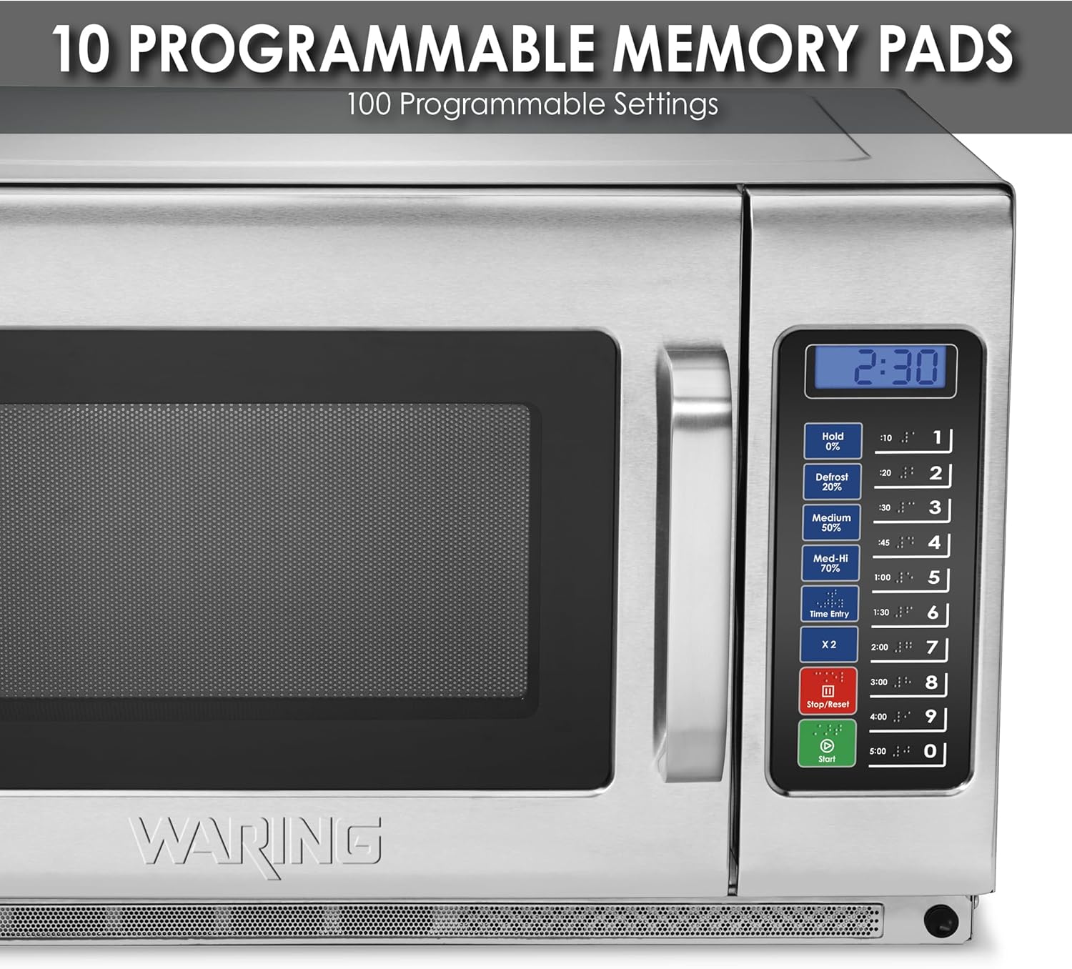 Waring Commercial WMO120 Heavy Duty Microwave Oven, 1.2 Cubic Feet, 10 Programmable Memory Settings, 5 Power Levels, Stainless Steel Construction, 208/230V, 1800W Dual Magnetrons, 6-15 Phase Plug