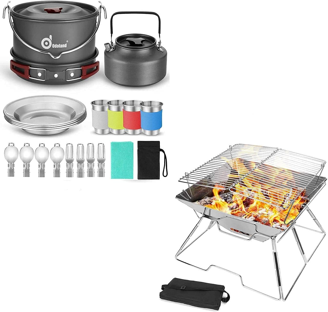 Odoland Bundle – 2 Items 22pcs Camping Cookware Mess Kit and Folding Campfire Grill for Outdoor Backpacking Hiking BBQ