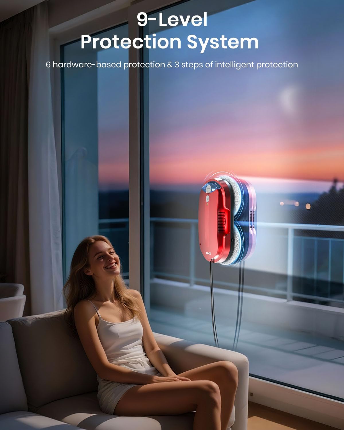 BNZ Smart Window Cleaning Robot, Twin Turbo & Dual Auto-Spray Window Cleaner with Multiple Safety System, AI Path Planning, Frameless Edge Detection, K1 (Ruby Red)