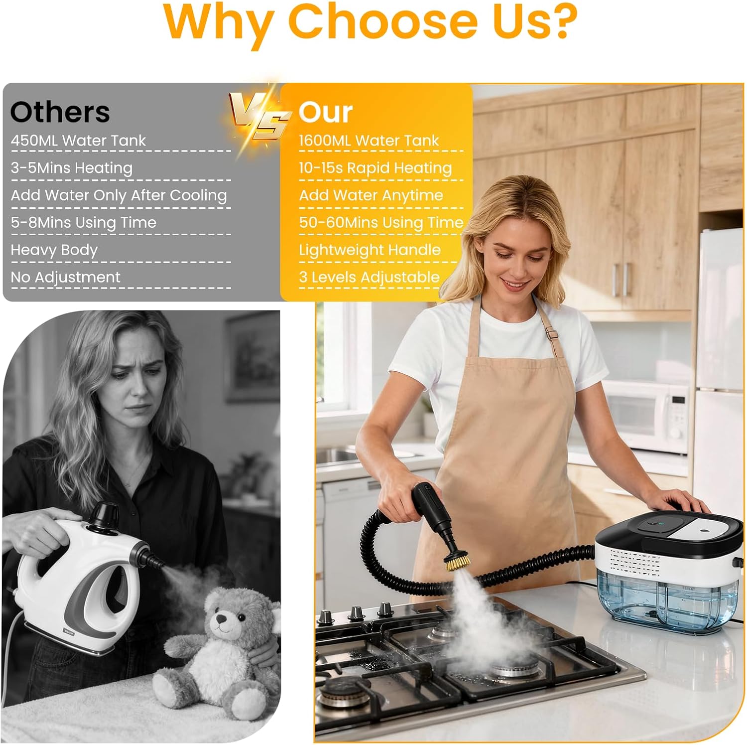 1.69Qt Steam Cleaner, 3-Level Adjustable Pressurized Steamer for cleaning, 10s Heat-Up, 2500W Handheld Steamer Cleaning for Home|Car|Tile|Floor, Multi-Surface Cleaning Machine with 22pcs Accessories