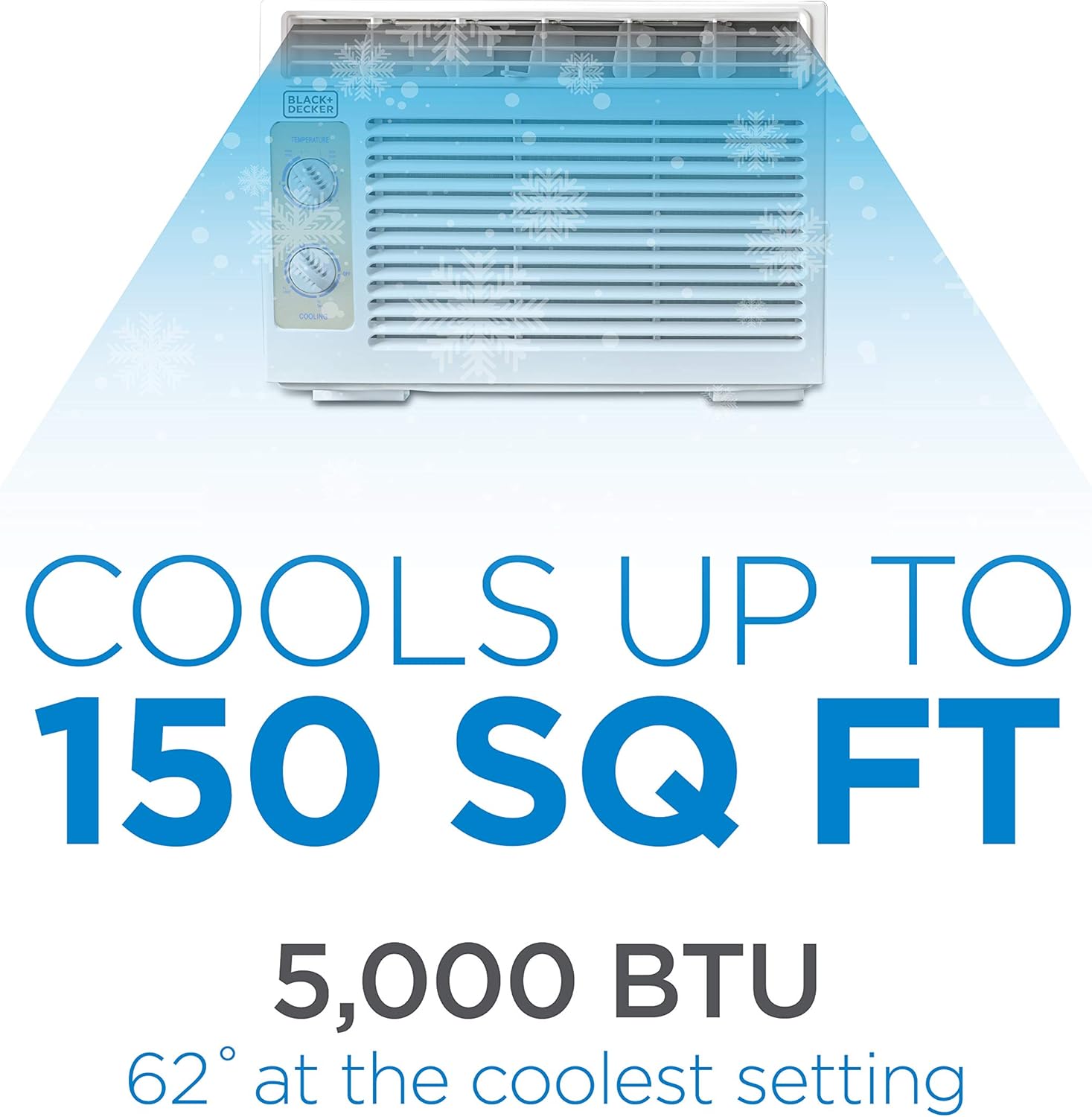 BLACK+DECKER Window Air Conditioner 5000 BTU, AC Window Unit Cools Up to 150 Square Feet, Window AC Unit with Mechanical Controls, Manual Fan Only and Cool Settings, BD05MWT6, White