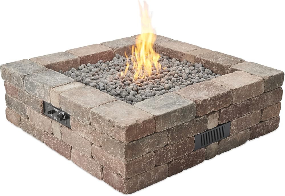 Outdoor GreatRoom Co Propane Fire Pit Kit - 51 Inch Square Bronson DIY Bonfire Gas Fire Pits for Outside Patio - Includes 64 Stone Paver Blocks, 42