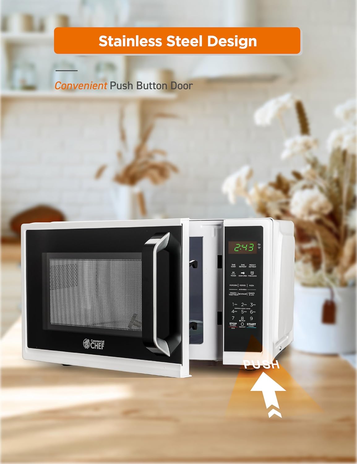 COMMERCIAL CHEF 0.9 Cubic Foot Microwave with 10 Power Levels, Small Microwave with Grip Handle, 900W Countertop Microwave with Digital Display, Door Lock and Kitchen Timer, White