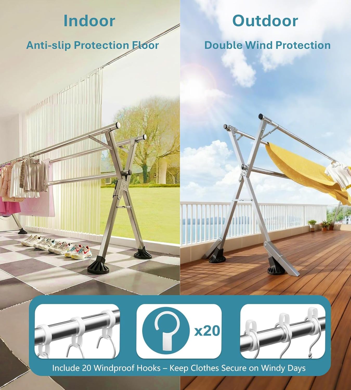 Clothes Drying Rack 95 Inches Folding Indoor Outdoor, Drying Rack Clothing Collapsible Windproof, Foldable Laundry Drying Rack, Heavy Duty Stainless Steel Clothes Rack, Coat rack, 20 Hooks 12 Clips