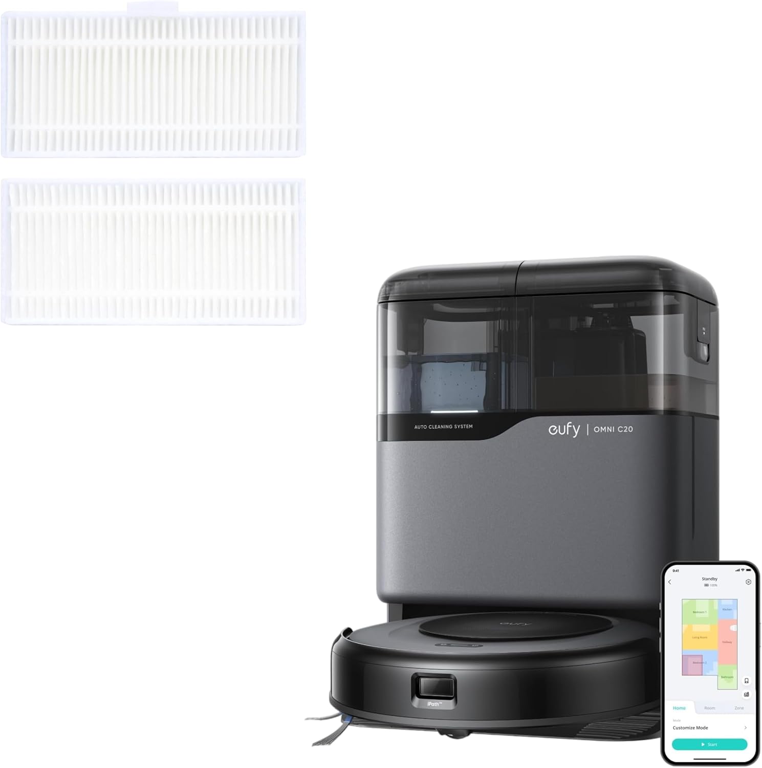 eufy Robot Vacuum Omni C20 with All-in-One Station,3.35-Inch Ultra-Slim Body Replacement Washable Filter for Robot Vacuum Omni C20, 2-Pack