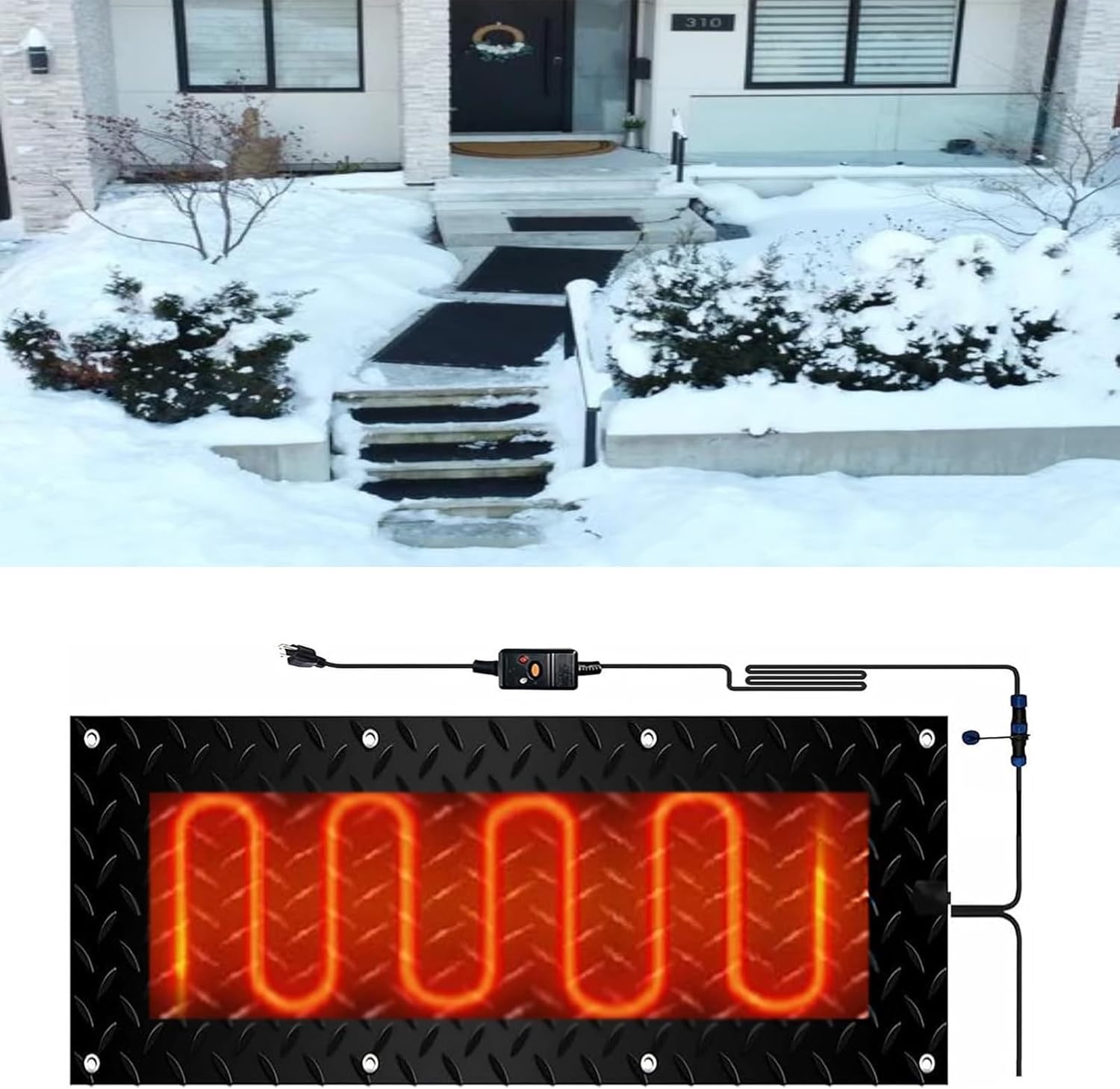 Heated snow melting mat, snow melting products, winter snow melting and ice melting mat 2 inches/hour melting speed, with power cord and connection line for winter outdoor(1 Pcs,30x90cm/12x36in)
