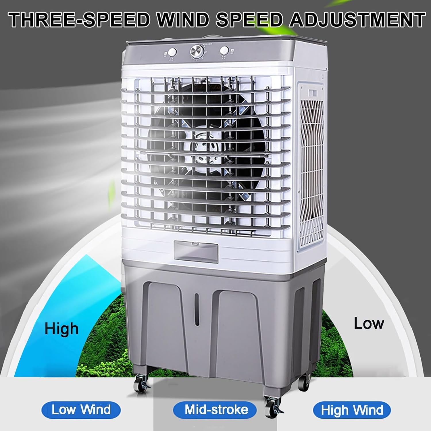 Portable Air Conditioner, Cooling Fan with 60L Water Tank, 4 Universal 360° Wheel, 4 Ice Box, 3 Speeds, for Room Garage Commercial