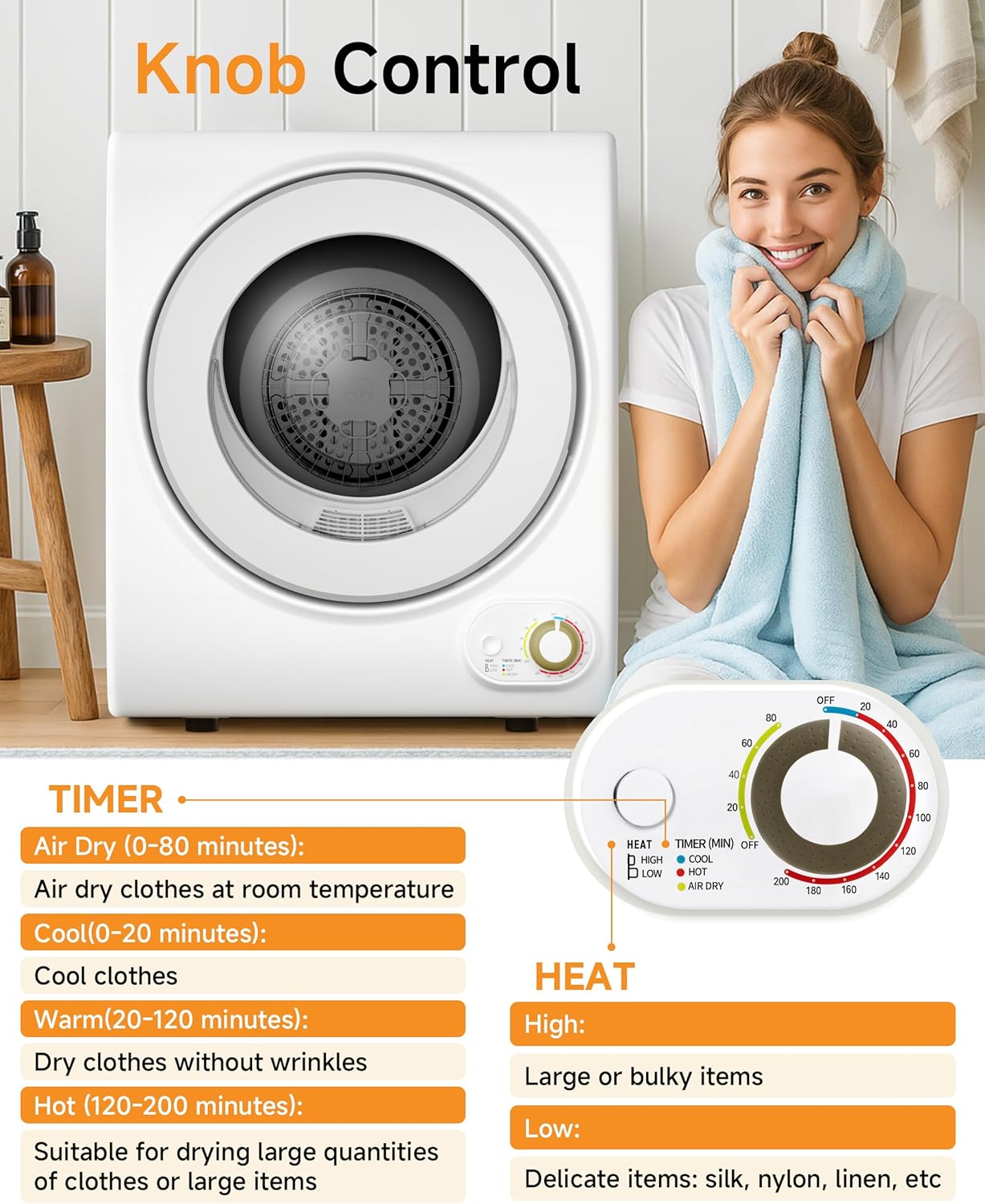 10 LBS Portable Dryer, 1.5 Cu.Ft. Portable Clothes Dryer with Knob Control, Stainless Steel Drum, Exhaust Pipe, 850W Drying Machine for Apartment, Dorm, Home, White