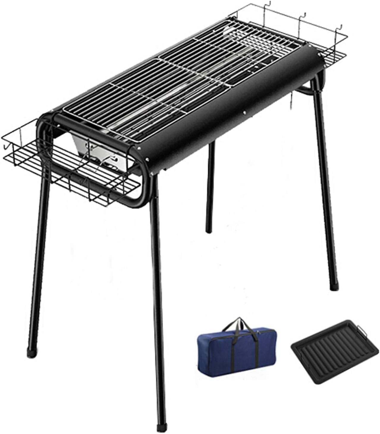 Charcoal Grill Portable Travel Folding Tall Barbecue BBQ Charcoal Grill with Independent Charcoal Tank and Seasoning Basket for Camping, Picnic, Outdoor,Black - 28.7