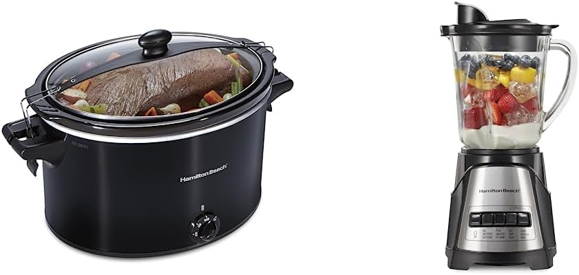 Hamilton Beach Slow Cooker, Extra Large 10 Quart, Black (33195) & Power Elite Wave Action Blender-for Shakes and Smoothies, Puree, Crush Ice, 40 Oz Glass Jar, Black (58148A)