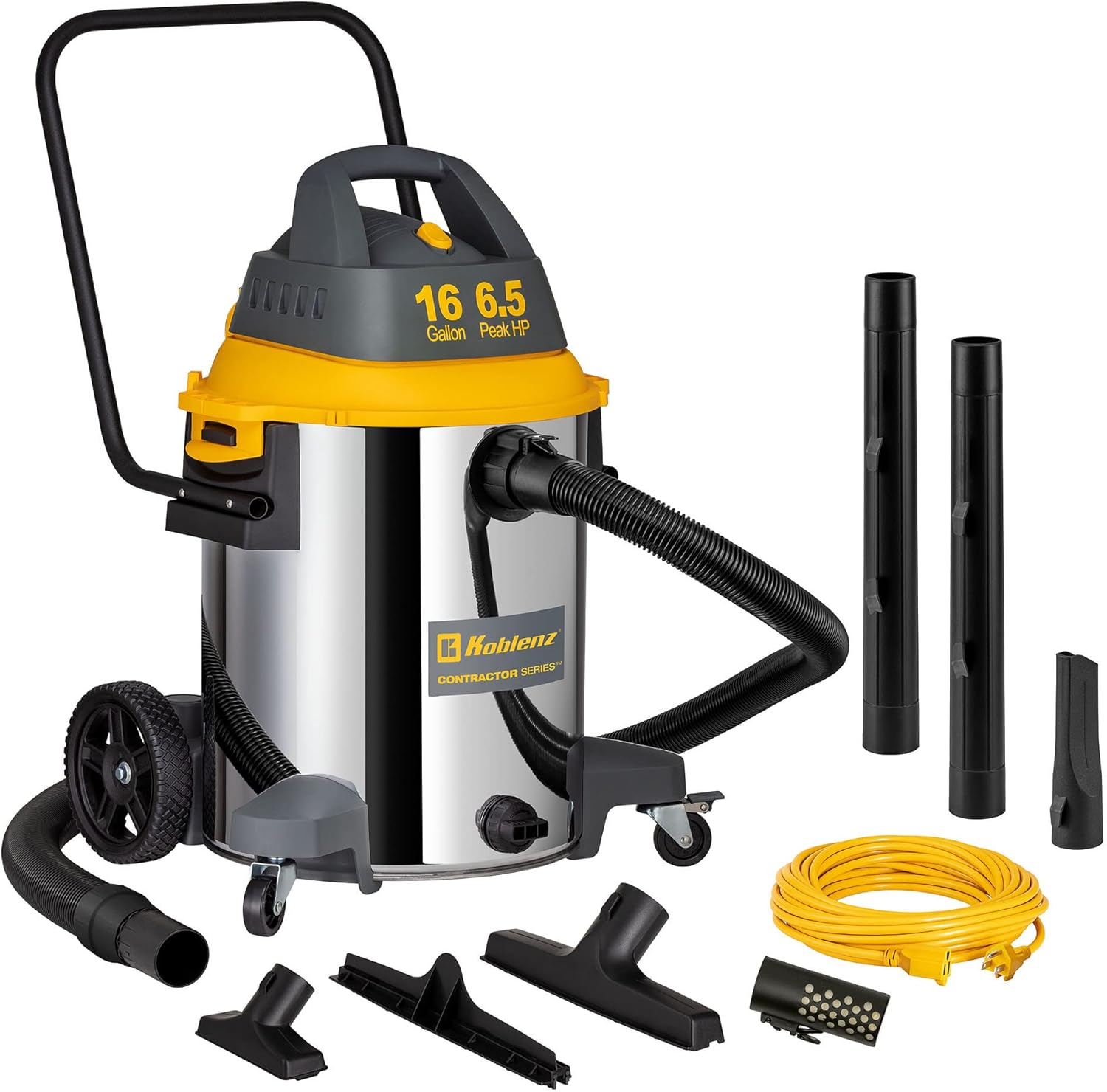 Koblenz Contractor Wet Dry Vacuum Cleaner, Stainless Steel Vacuum with Quiet Motor, 16 Gallon/6.5 HP Powerful Vacuum, Jobsite Vacuum with Pull Handle, Accessories Included, Gray+Yellow