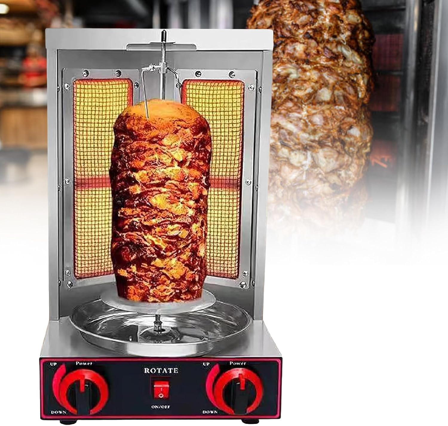 Shawarma Machine, Gas Vertical Doner Kebab Machine, Shawarma grill Vertical Rotisserie Machine, Propane Vertical Broiler with 2 Burner,Silver-110V