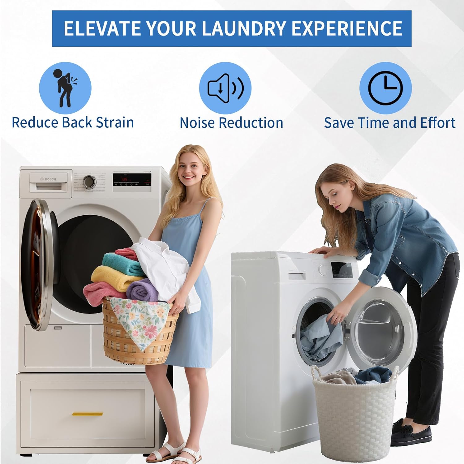 Washer Dryer Pedestals with Drawer, Metal Freestanding Washer and Dryer Pedestals, 440LBS Heavy Duty Anti-Vibration Washing Machine Stand, Universal Laundry Pedestal (WHITE)