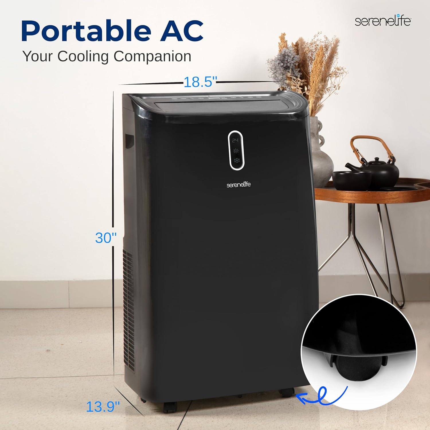 SereneLife 12000 BTU Portable Air Conditioner - 3-in-1 Compact Standing Air Conditioner for Room Up to 380 Sq. Ft. - Floor AC Unit with Remote Control - Universal Casters, Window Mount Kit