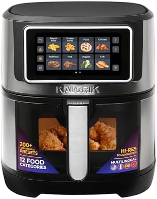 Kalorik Air Fryer VIVID TOUCH Series 5 Quart Capacity with High-Resolution Touchscreen 202 Cooking Presets in 12 Food Categories with View Window, 1500-Watts, Stainless Steel