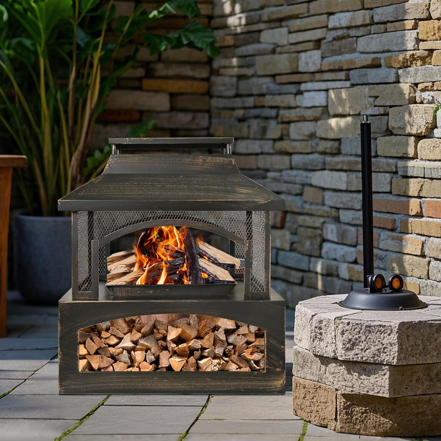 Outdoor Fire Pit Wood Burning Fireplace, Large Log Burner Firepit with Log Grate and Poker, Metal Firepit for Patio Garden Backyard Outside, 37 x 32 x 18 inch