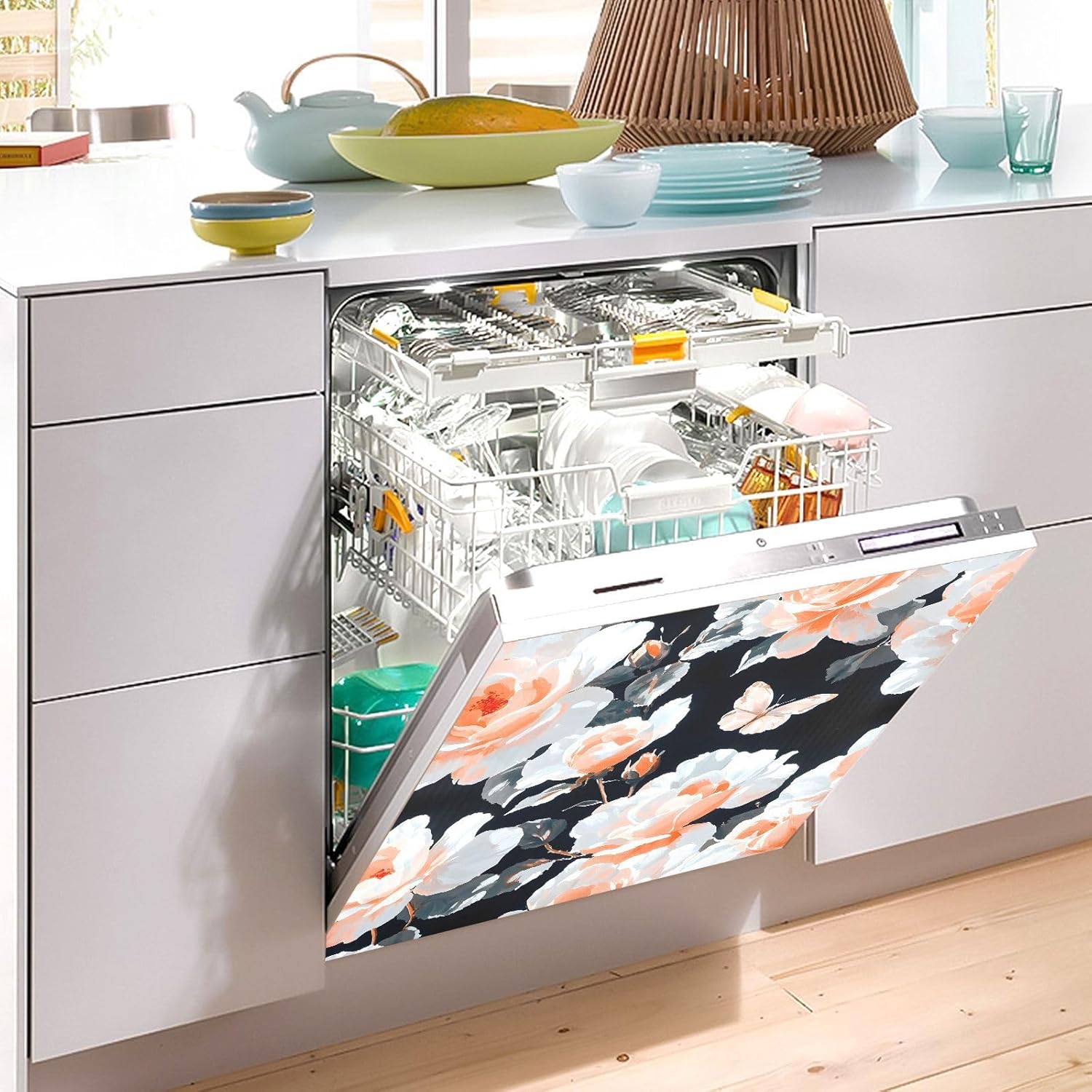 Dishwasher Magnet Cover Large Magnetic Stickers Orange Flower Pattern Front Dishwasher Cover Reusable Decal for Home Kitchen Anti-Scratch Refrigerator Decorative Lid Washing Machine Laundry 23