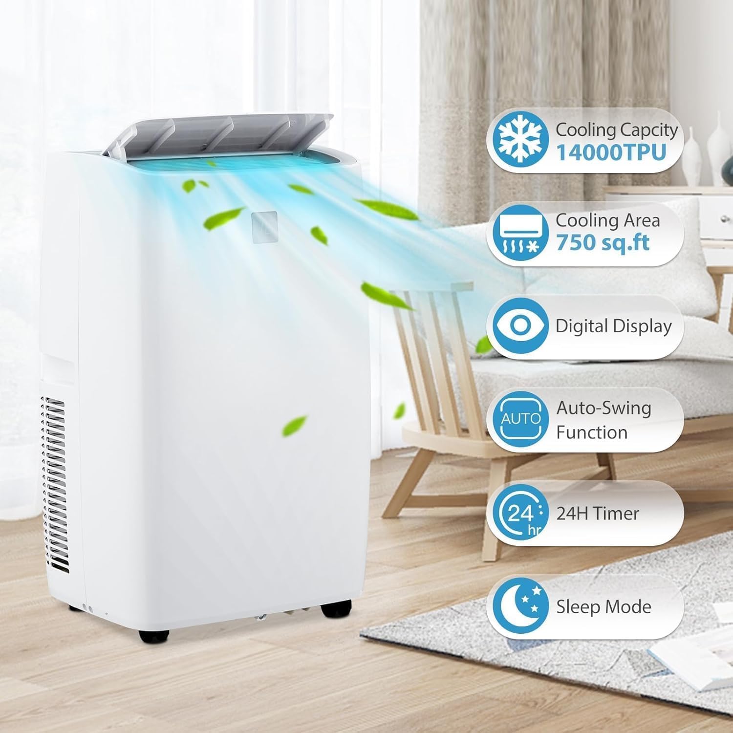 Garvee 14,000 BTU Portable Air Conditioner, 4 in-1 Portable AC Unit with Dehumidifier Cooling Fan Sleep Mode for Rooms 750 Sq.Ft, Remote Control, 24H Timer, LED Display, 2 Generation, White+White Cap