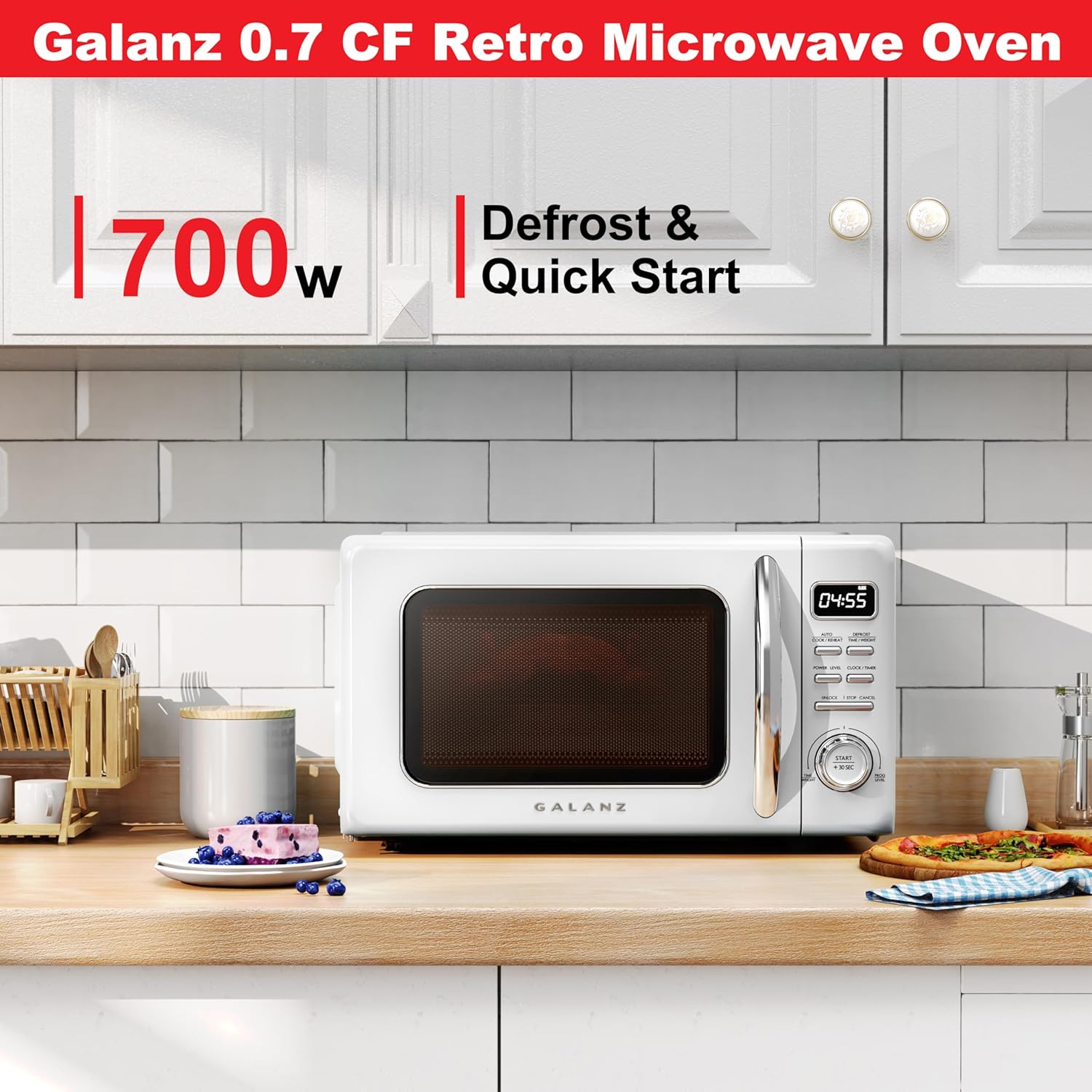 Galanz GLCMKZ07WER07 with Auto Cook & Reheat, Defrost, Quick Start Functions, Easy Clean with Glass Turntable, Pull Handle, White