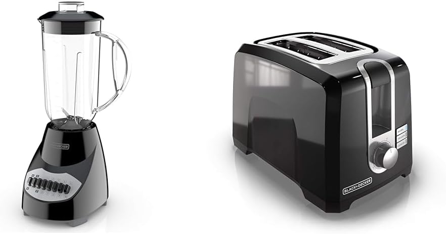 BLACK+DECKER Crush Master Blender, 10-Speeds with Stainless Steel Blades, Black, BL2010BP and BLACK+DECKER 2-Slice Extra Wide Slot Toaster, One Size