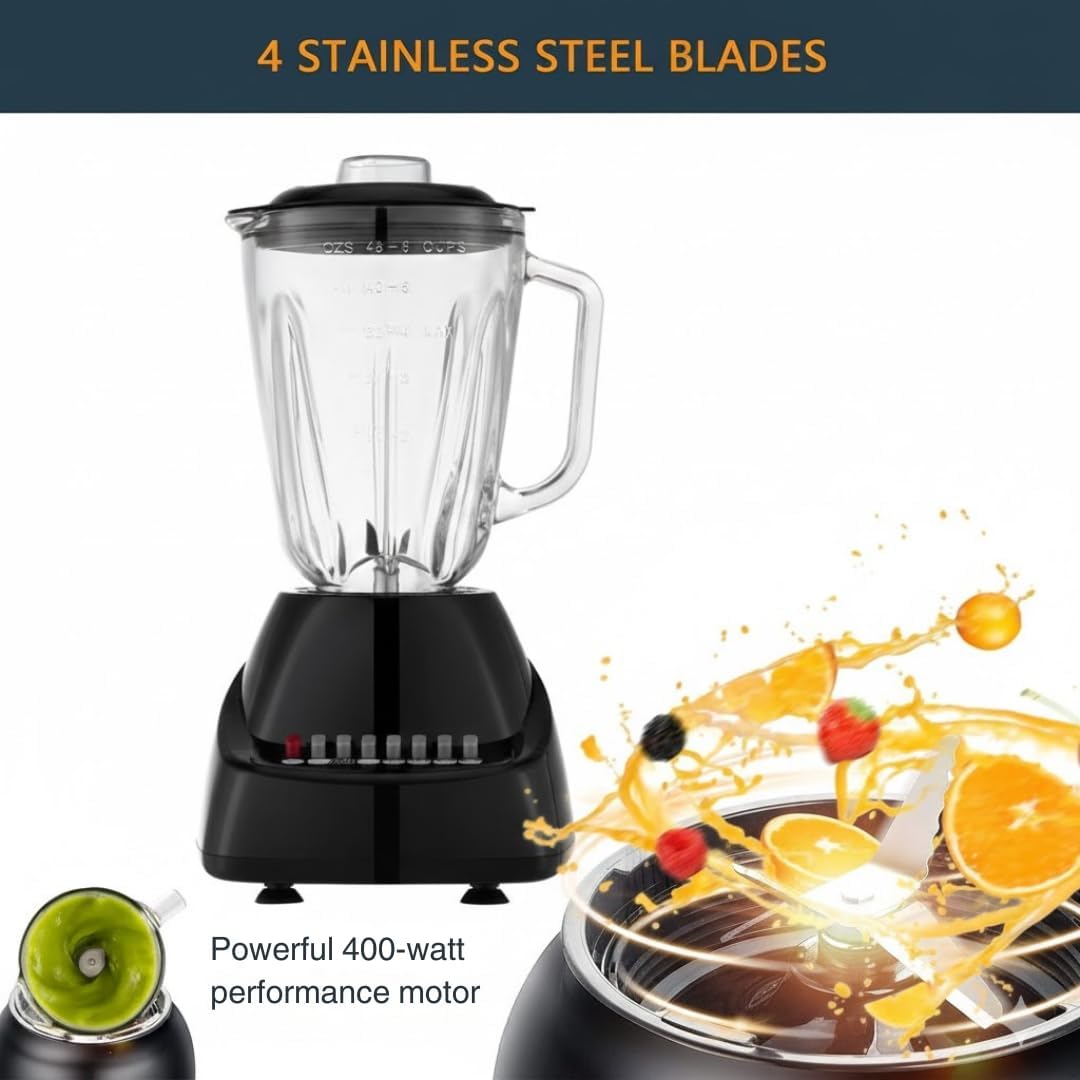 Alpine Cuisine 10-Speed Blender with 50oz Glass Jar, 450W High-Power Kitchen Countertop Mixer for Smoothies, Shakes, Crushing Ice, and Pureeing, Stainless Steel Blades, Pulse Function, Black