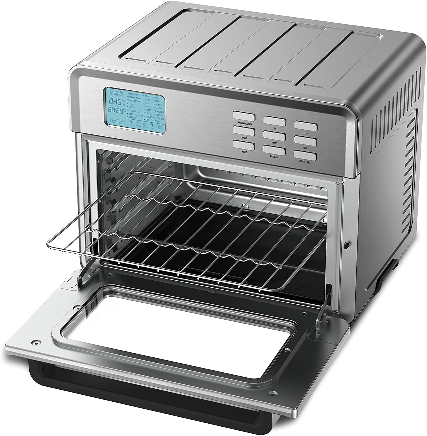 EUROTO Stainless Steel Large Capacity 26.8 QT Air Fryer Oven, 24 in 1 Multi-function, 360 Air Circulation Toaster Oven, LCD digital Display, 4 Layer Shelves, Included Oven Gloves & Apron Up to 450°F