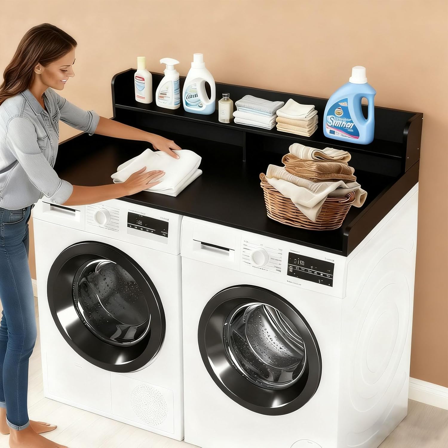 2-Tier Washer Dryer Countertop Washing Machine and Dryer toppe Wood Washer Dryer Counter with Shelf Laundry Countertops with Non-Slip Mat,for Folding Clothes,Black,L54×W27.5×H12