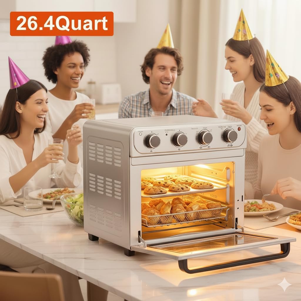 Simple Deluxe 26.4QT XL Air Fryer Toaster Oven Combo, 4-in-1 Countertop Convection Oven with Double Fan Technology, Includes Baking Pan & Fry Basket, Stainless Steel