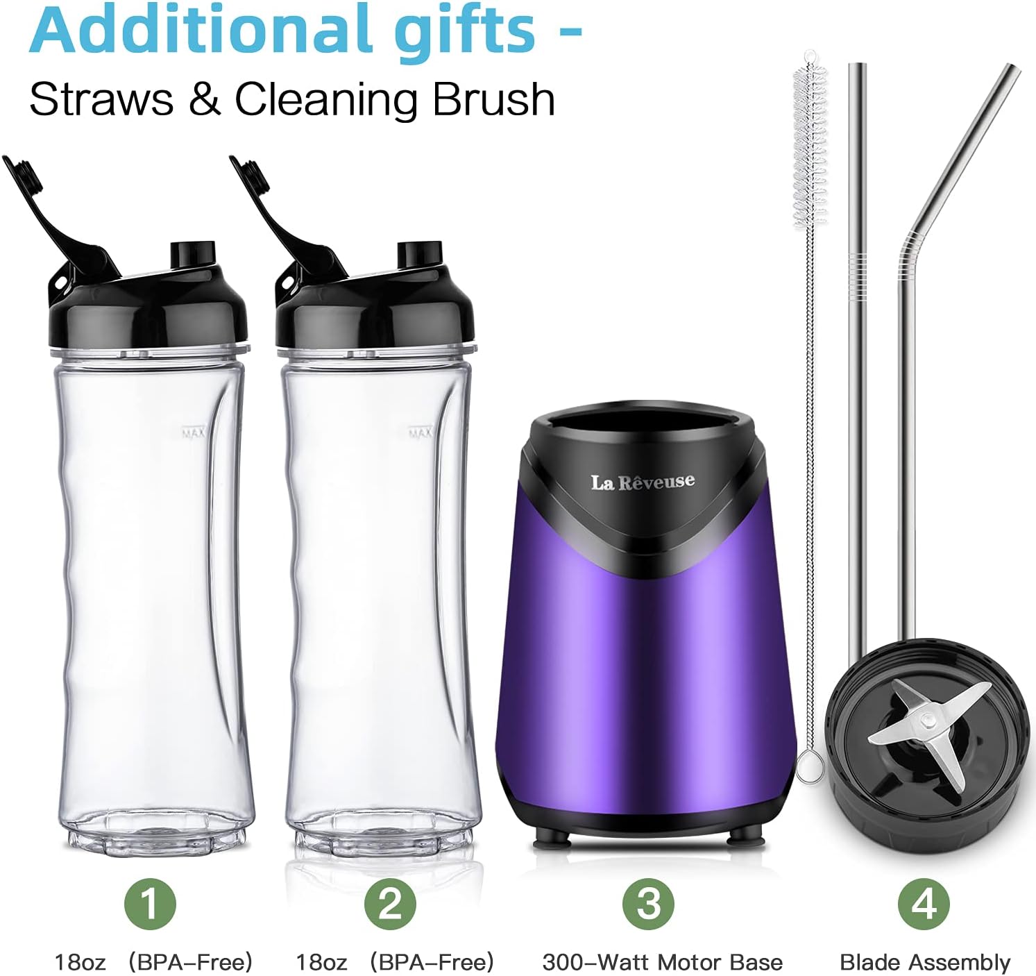 La Reveuse Smoothie Blender Personal Size 300 Watts with 2 Pieces 18 oz BPA-free Travel Sports Bottles,Purple
