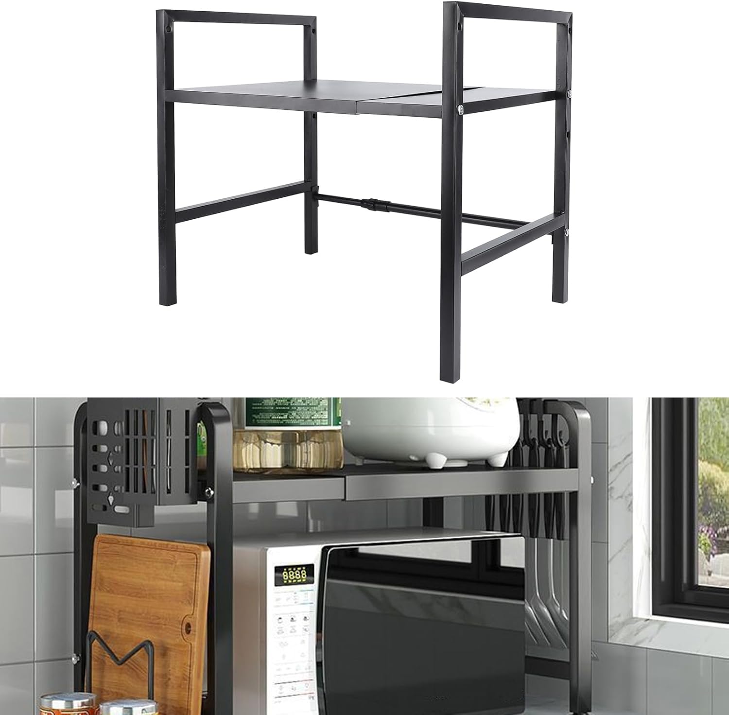 Microwave Oven Rack, Carbon Steel Shelf with 4 Hooks, Heavy Duty 198.4lb Capacity for Jars Utensils Storage