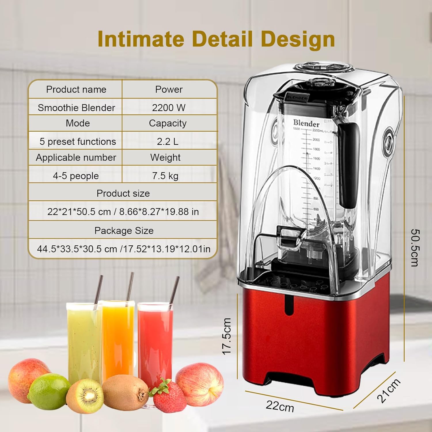 Blender Smoothie Maker 2200 W, With Sound Enclosure, Commercial Jug Blender Mixer, Preset 5 Timings, 0-5 Min Timing, 4-Rib Vortex Technology, For Ice Cubes/Nuts/Juice/Shake