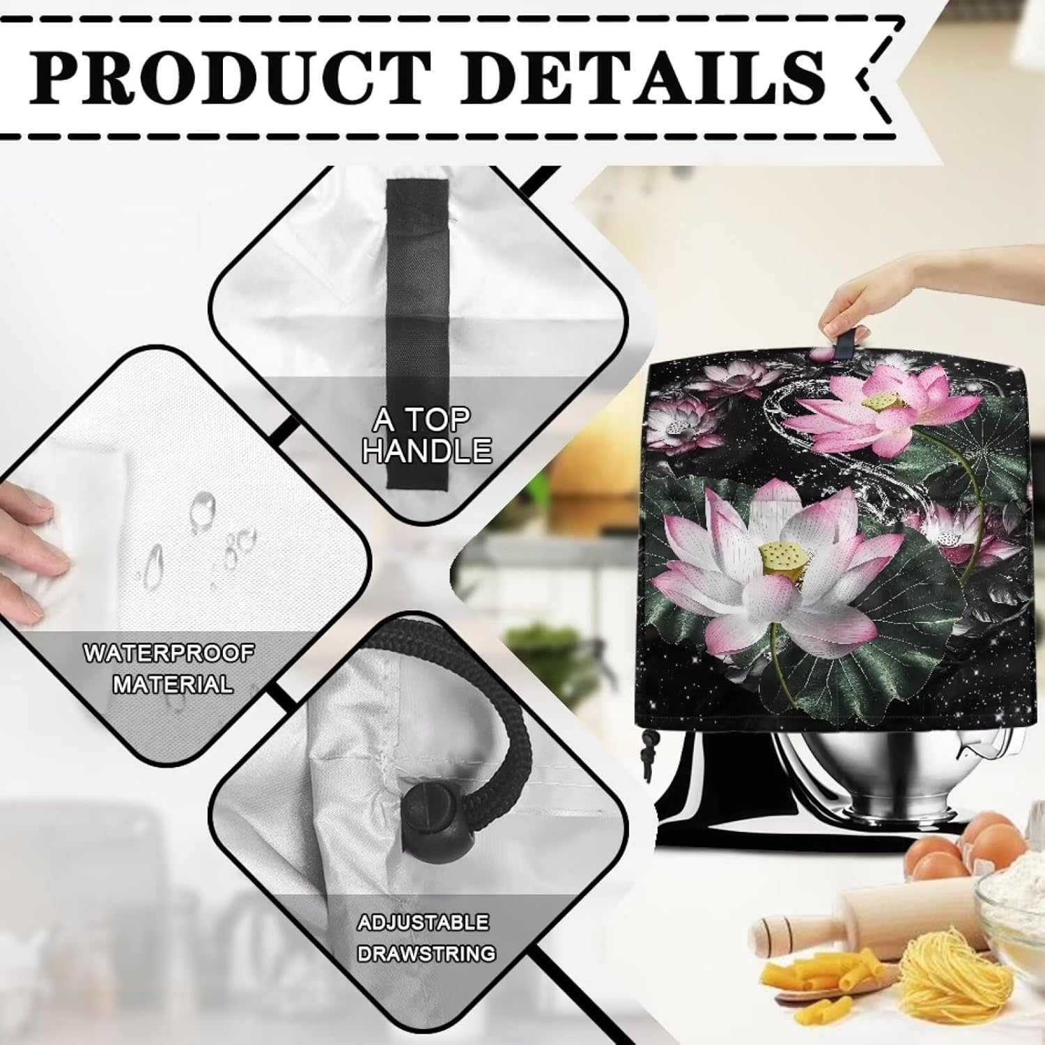 Stand Mixer Cover with Organizer Bags, Lotus Large Mixer Accessories Stand Mixer Dust Cover Kitchen Decorations Mixer Cover Blender Cover Fashion Decorations