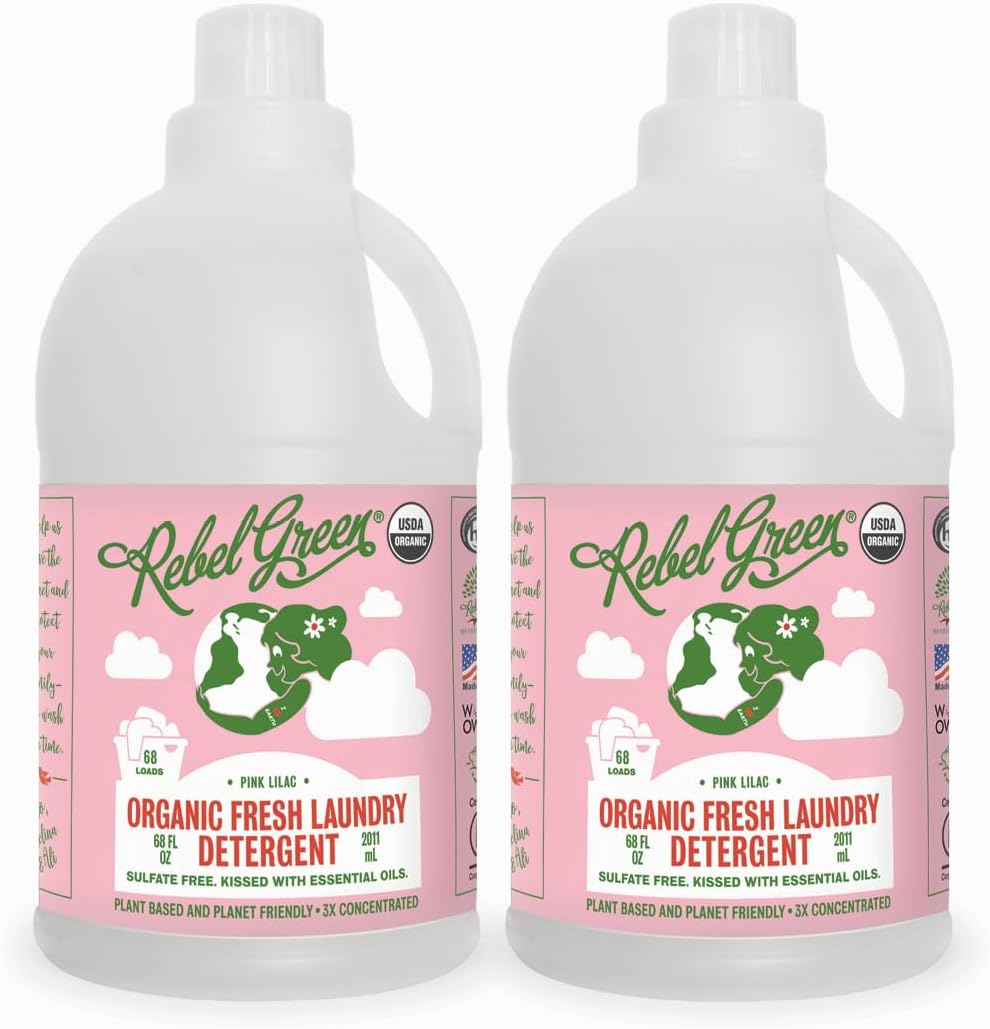 Rebel Green Organic Laundry Detergent - Natural Laundry Soap - Liquid Laundry Detergent with Dispenser Cup - Gentle Laundry Detergent - Fresh Pink Lilac - (68 Load Bottles, 2 Pack)