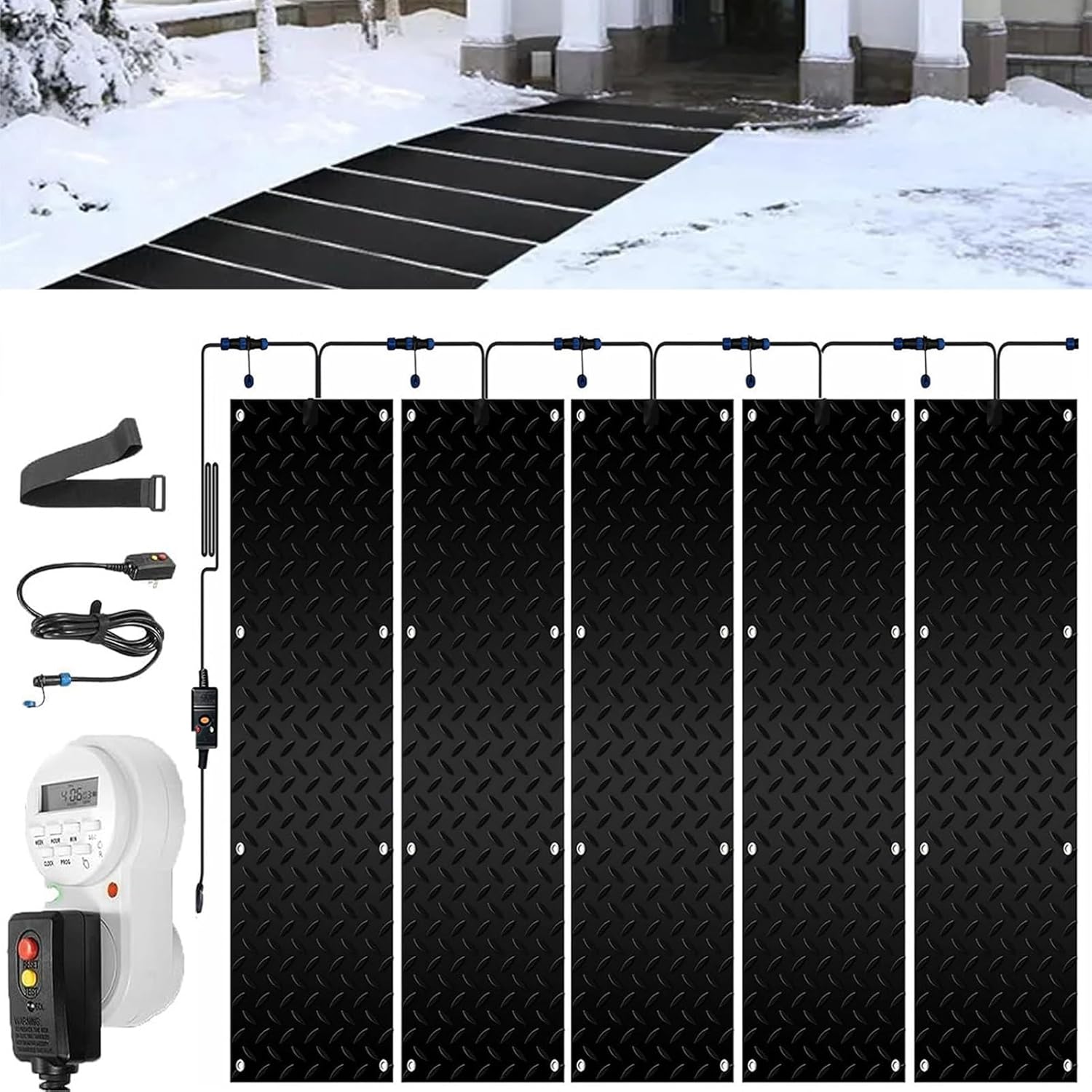Heated Snow Melting Mats with Timer, 1/2/3/4/5 Pcs Outdoor Slip Proof Ice Heated Rubber Mat for Driveway Walkway Decks and Sidewalks Connection for Winter Stairs(5 Pcs,12x48in/(30x120cm))